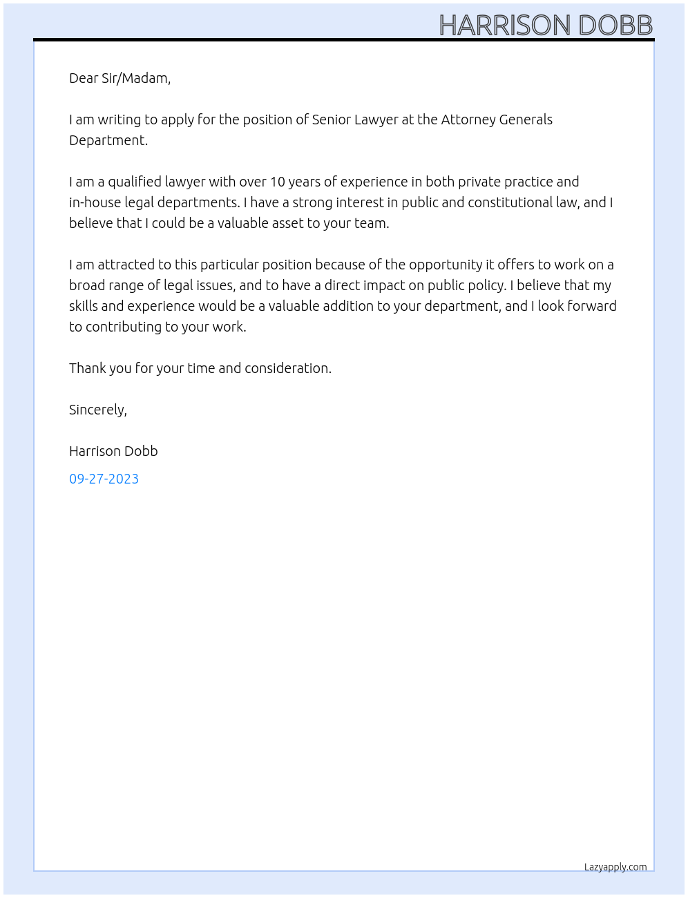 Cover letter for senior lawyer - LazyApply