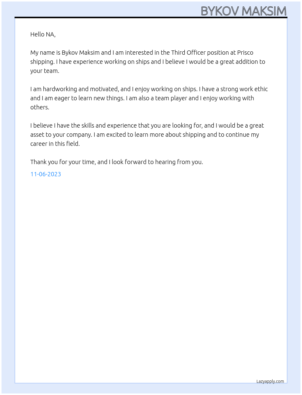 Third Officer At Prisco shipping Cover Letter