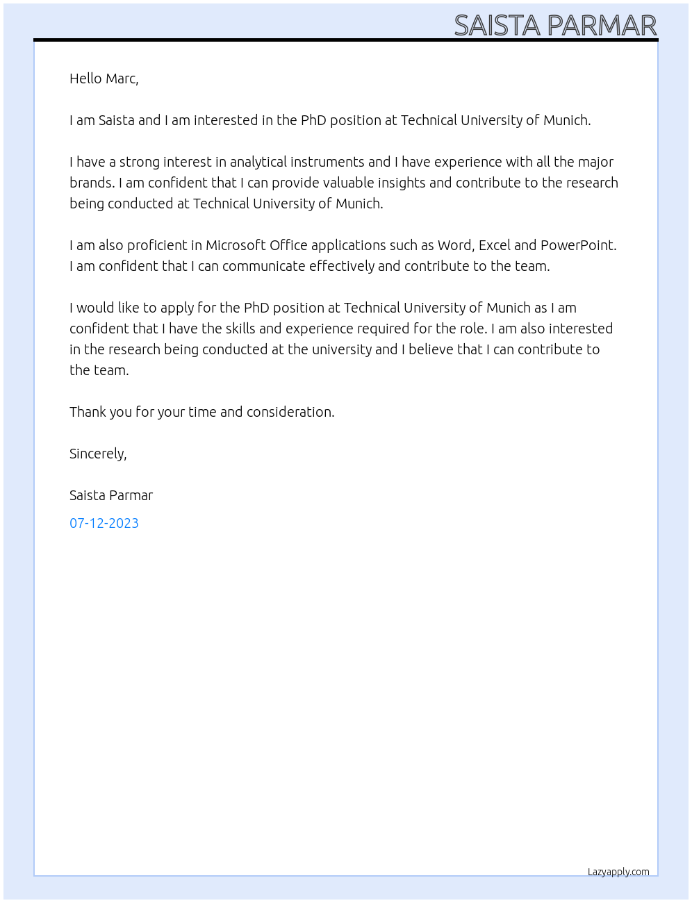 Phd student At Technical university of Munich Cover Letter