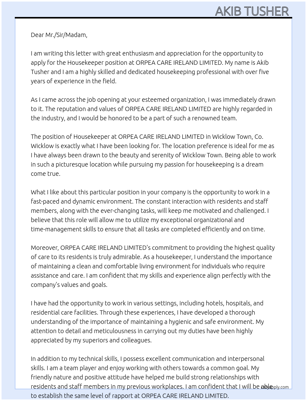 Housekeeper At ORPEA CARE IRELAND LIMITED Cover Letter