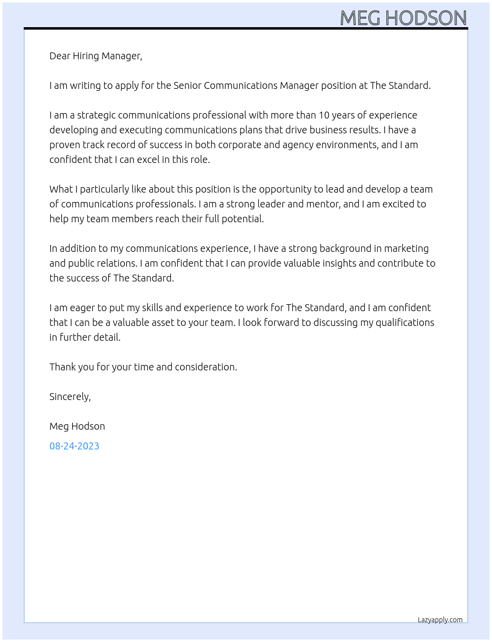 Senior Communications Manager At The Standard Cover Letter