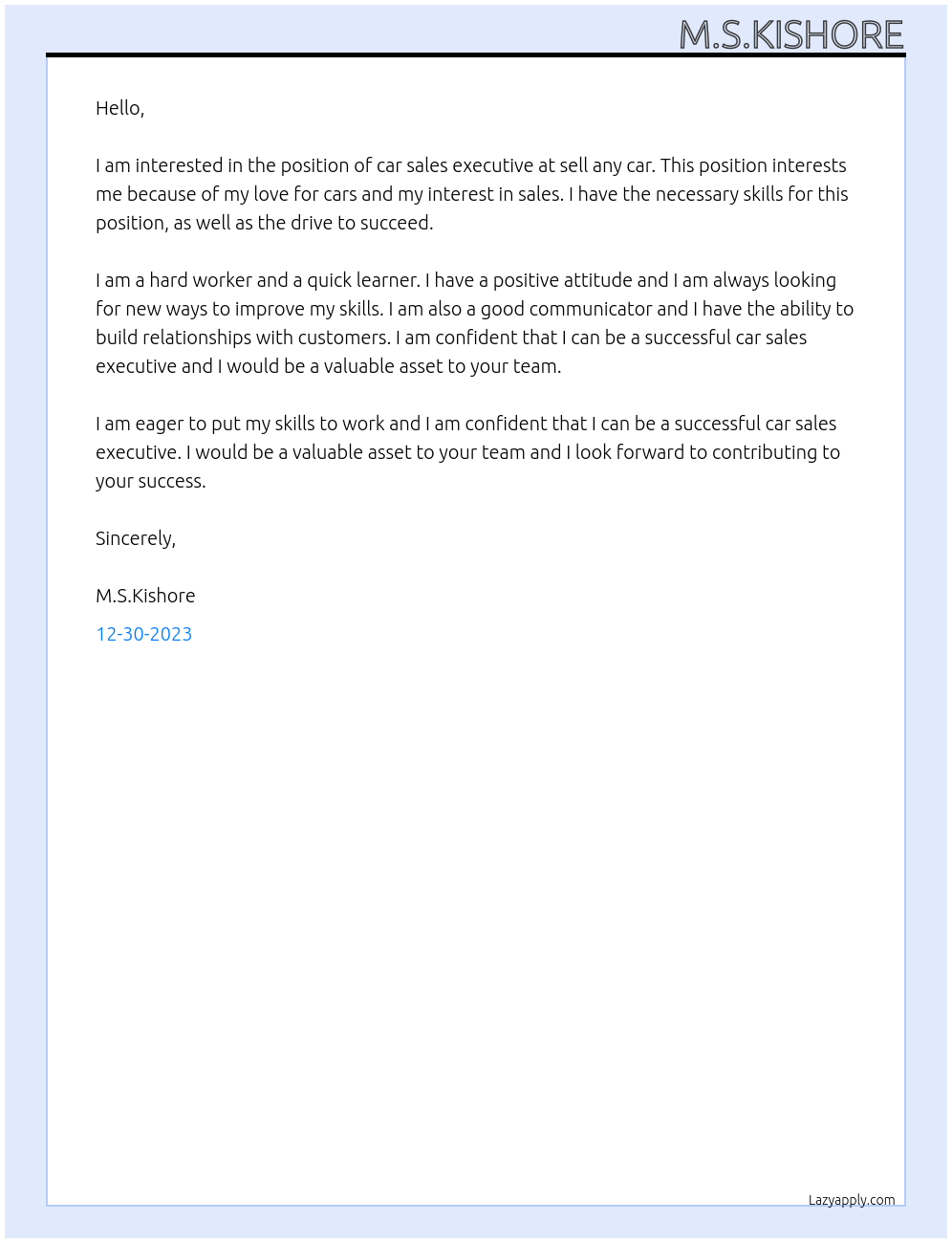 Car sales executive At sell any car Cover Letter