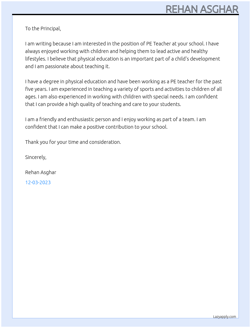 PE Teacher At School Cover Letter