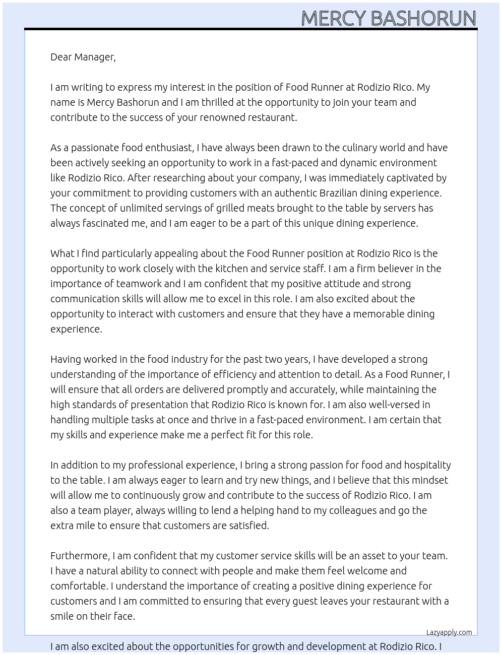 Food runner At Rodizo rico Cover Letter