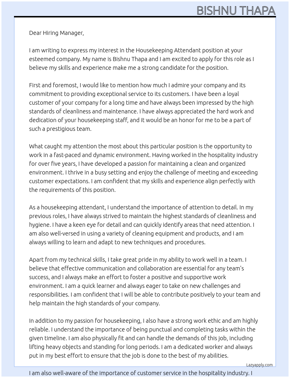housekeeping attendant At Dear Hiring Manager Cover Letter