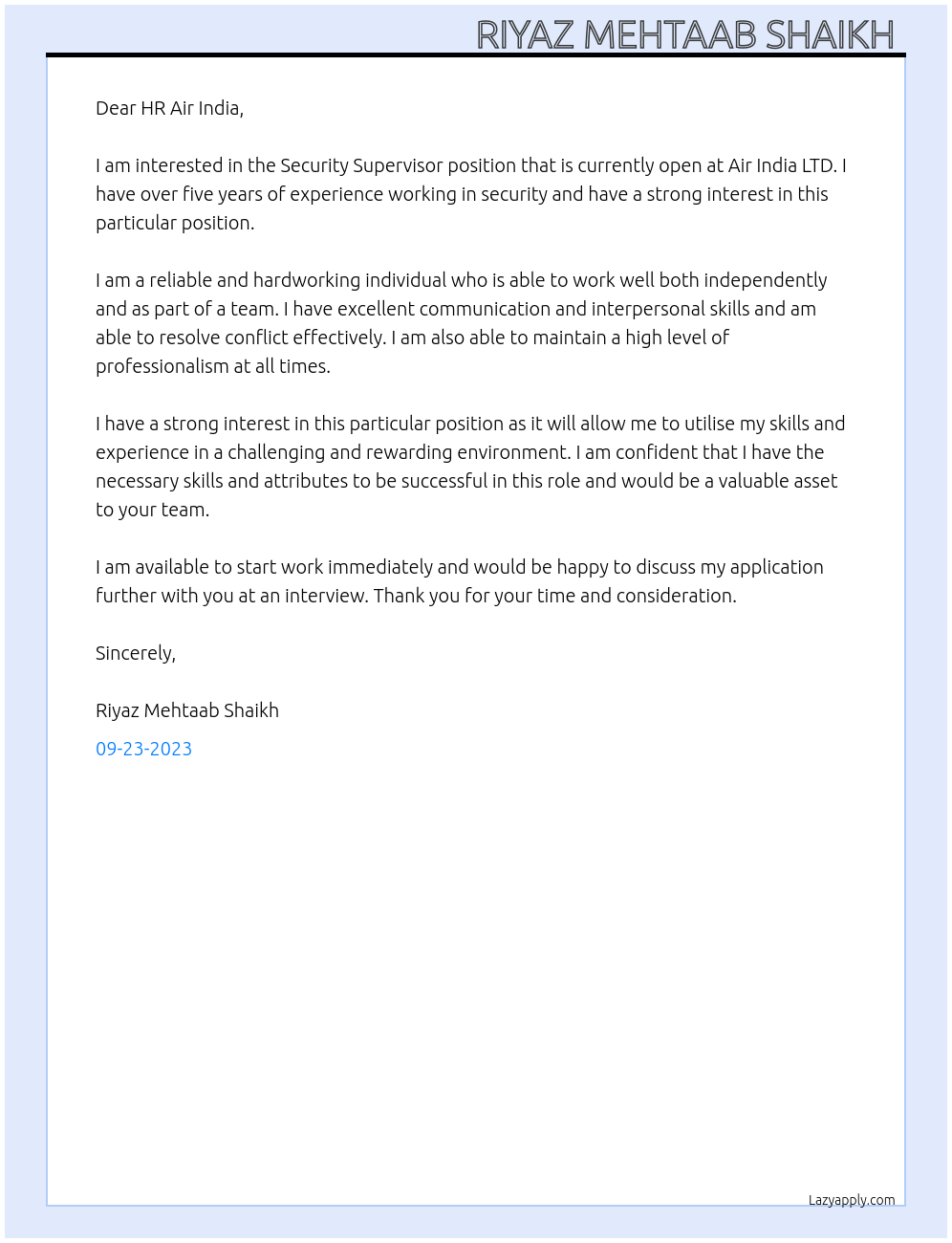 Security Supervisor  At Air India LTD Cover Letter