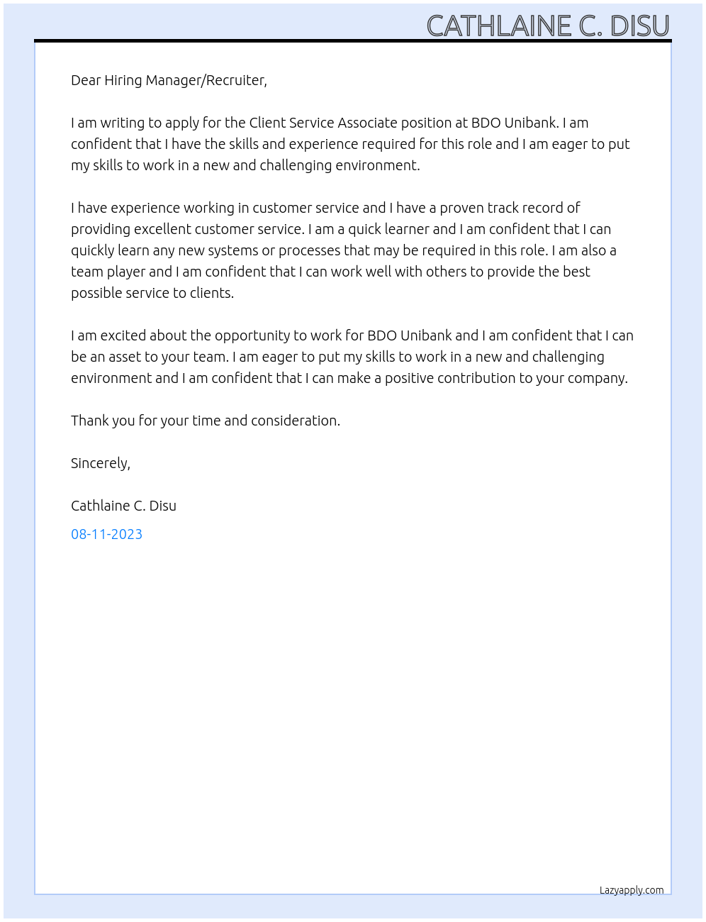 Client Service Associate At BDO Unibank  Cover Letter