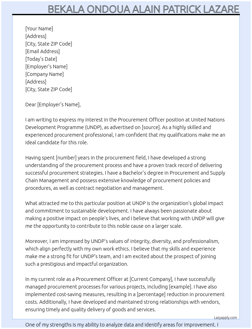 Procurement Officer At United Nations Development Programme Cover Letter