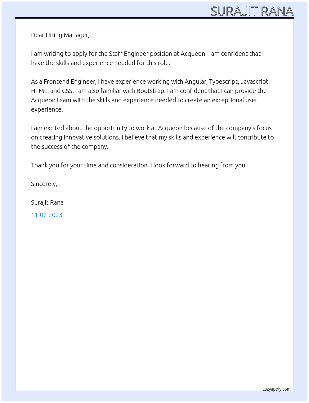 Staff Engineer At Acqueon Cover Letter