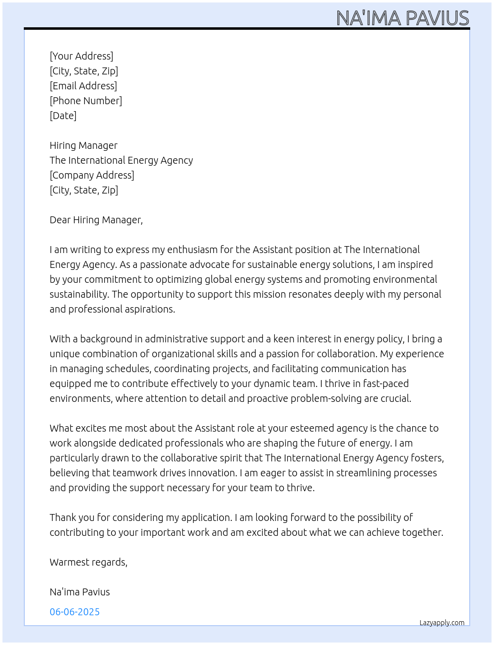 Assistant At The International Energy Agency Cover Letter