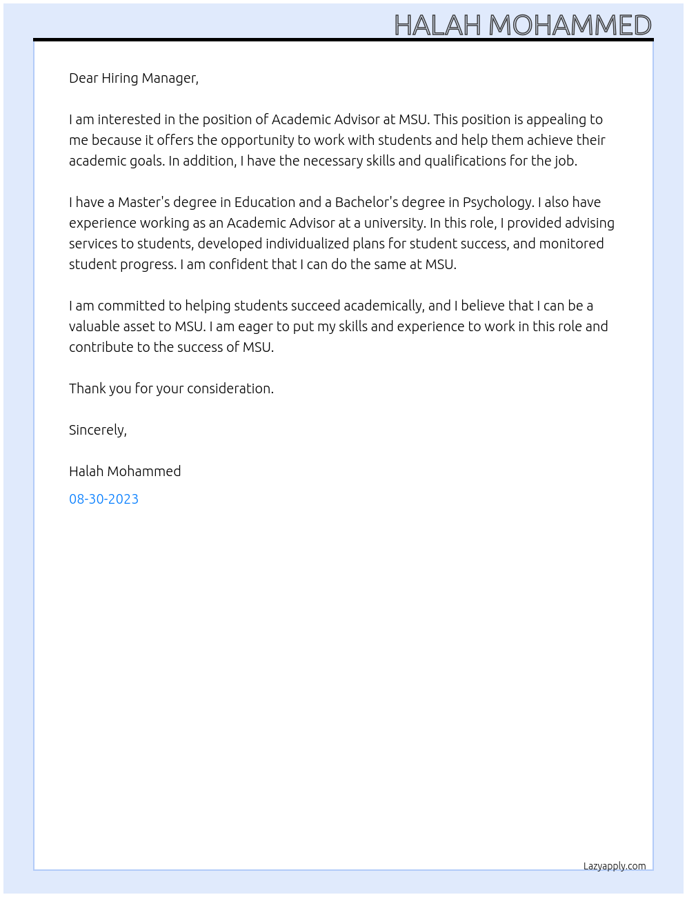 Academic Advisor At MSU Cover Letter