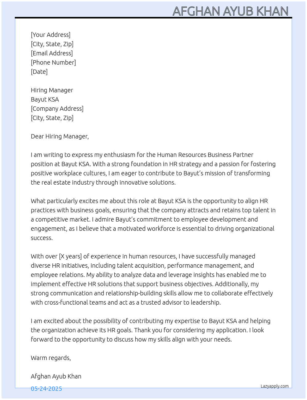 Human resources business partner  At Bayut KSA  Cover Letter