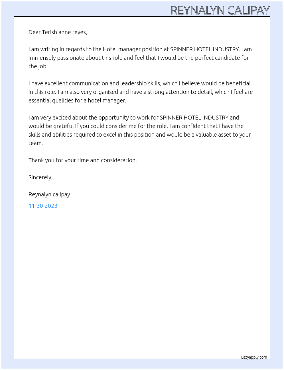 Hotel manager At SPINNER HOTEL INDUSTRY Cover Letter