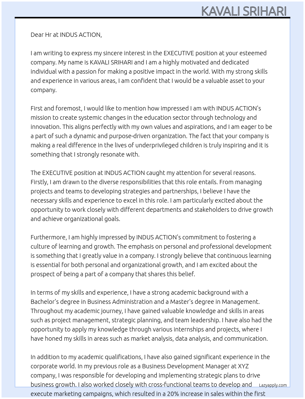 EXECUTIVE At INDUS ACTION Cover Letter