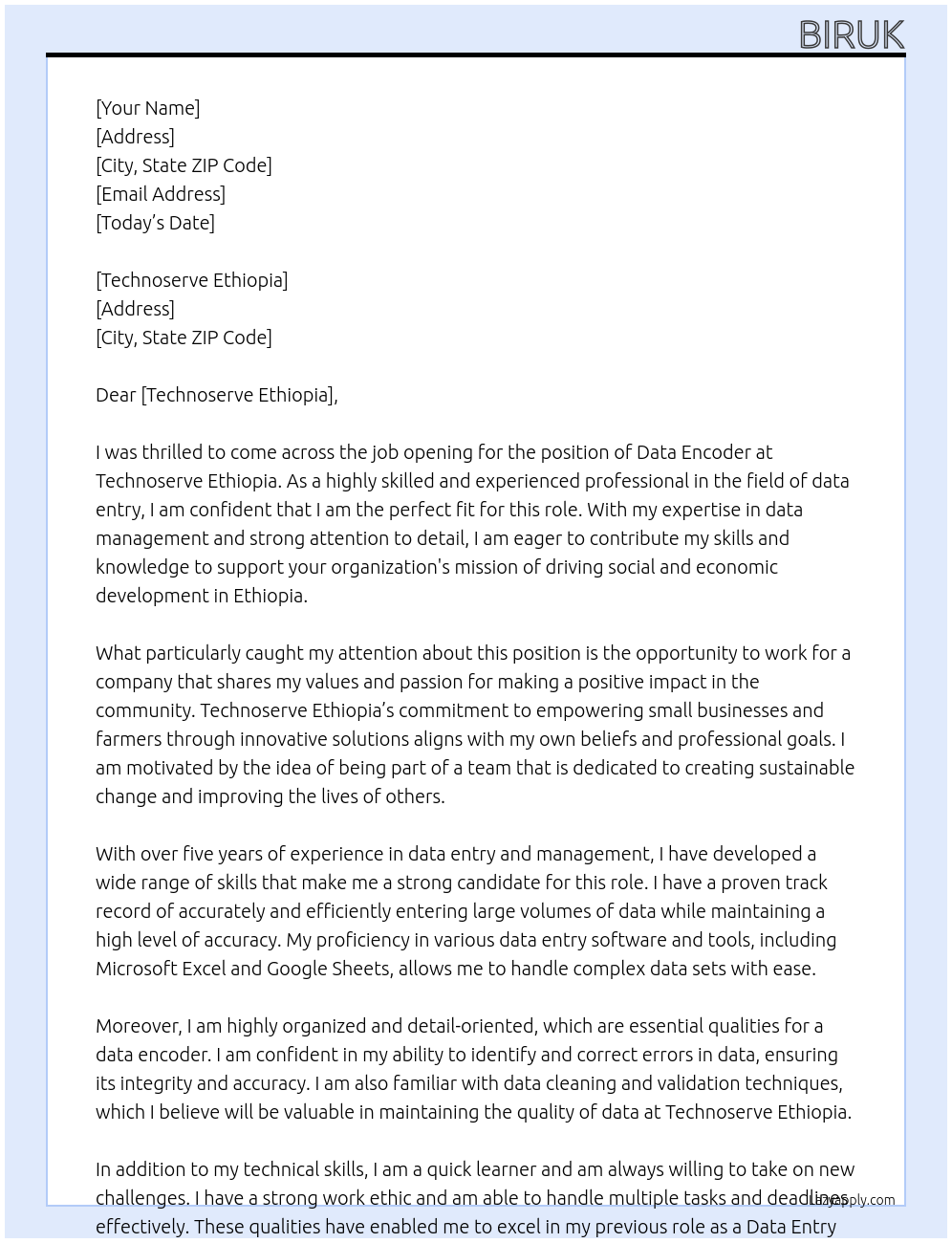 Data Encoder At Technoserve Ethiopia Cover Letter