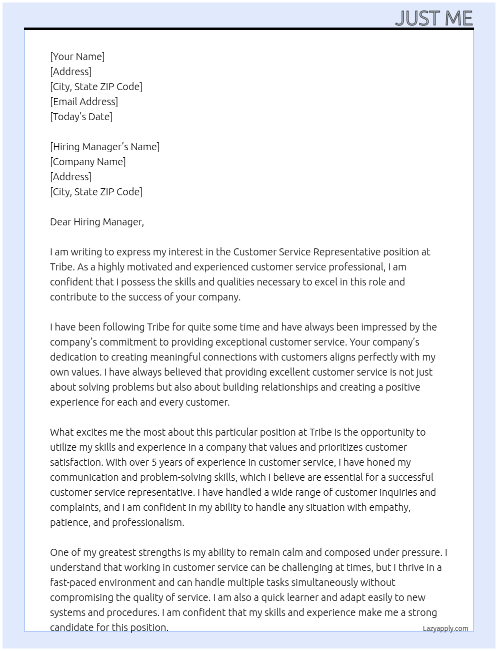 Customer service rep At Tribe Cover Letter