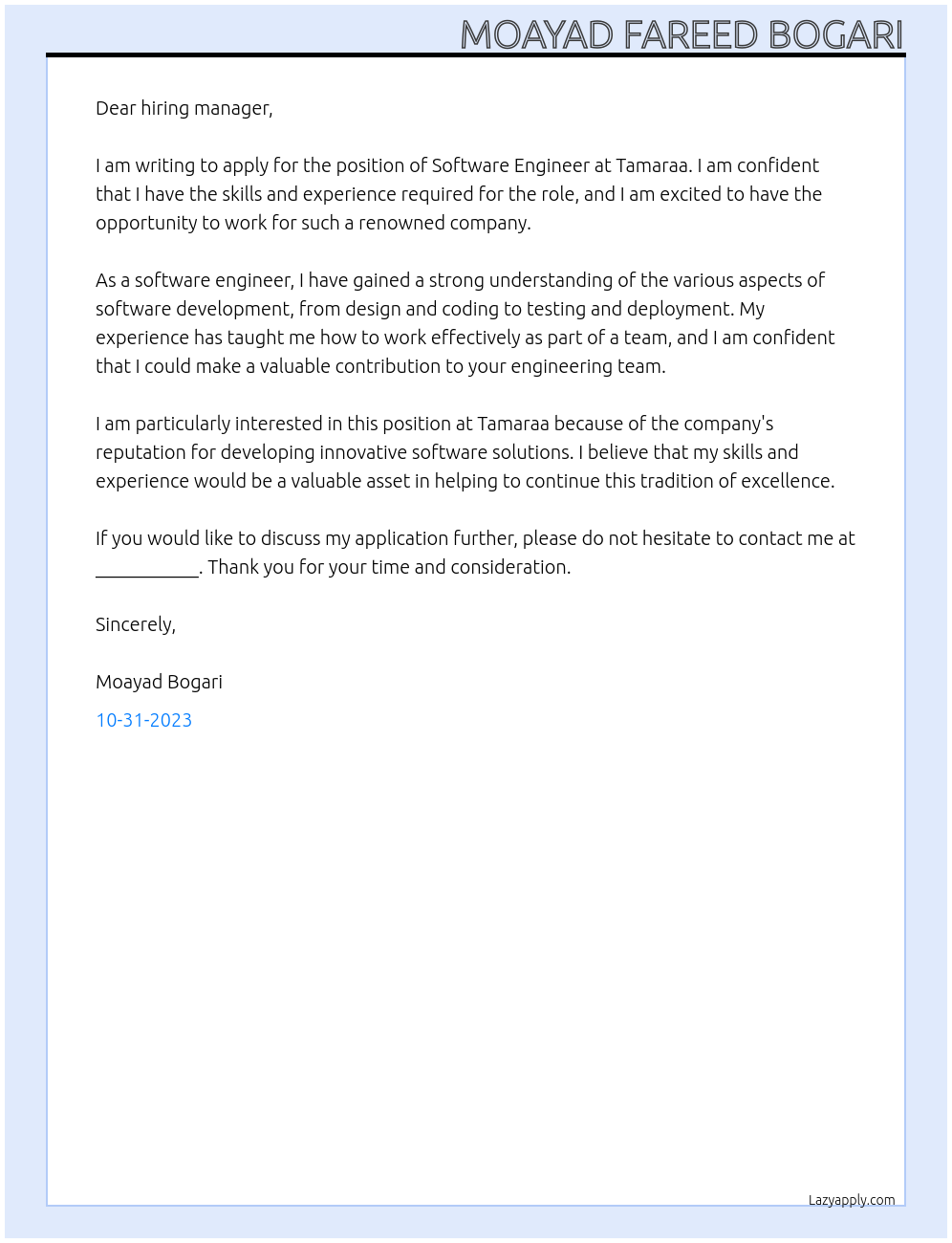 Software engineer program At Tamaraa Cover Letter