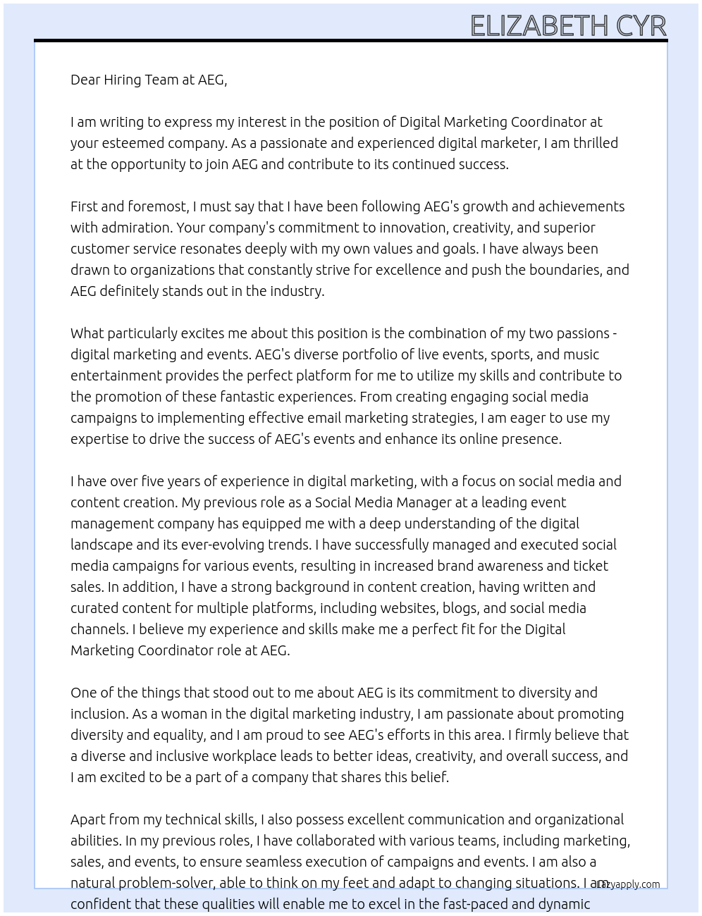 Digital marketing coordinator At AEG Cover Letter