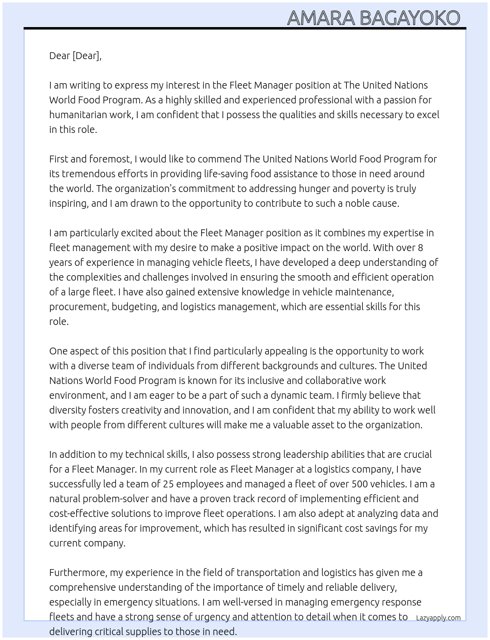 Fleet manager At The United Nations World Food Program Cover Letter