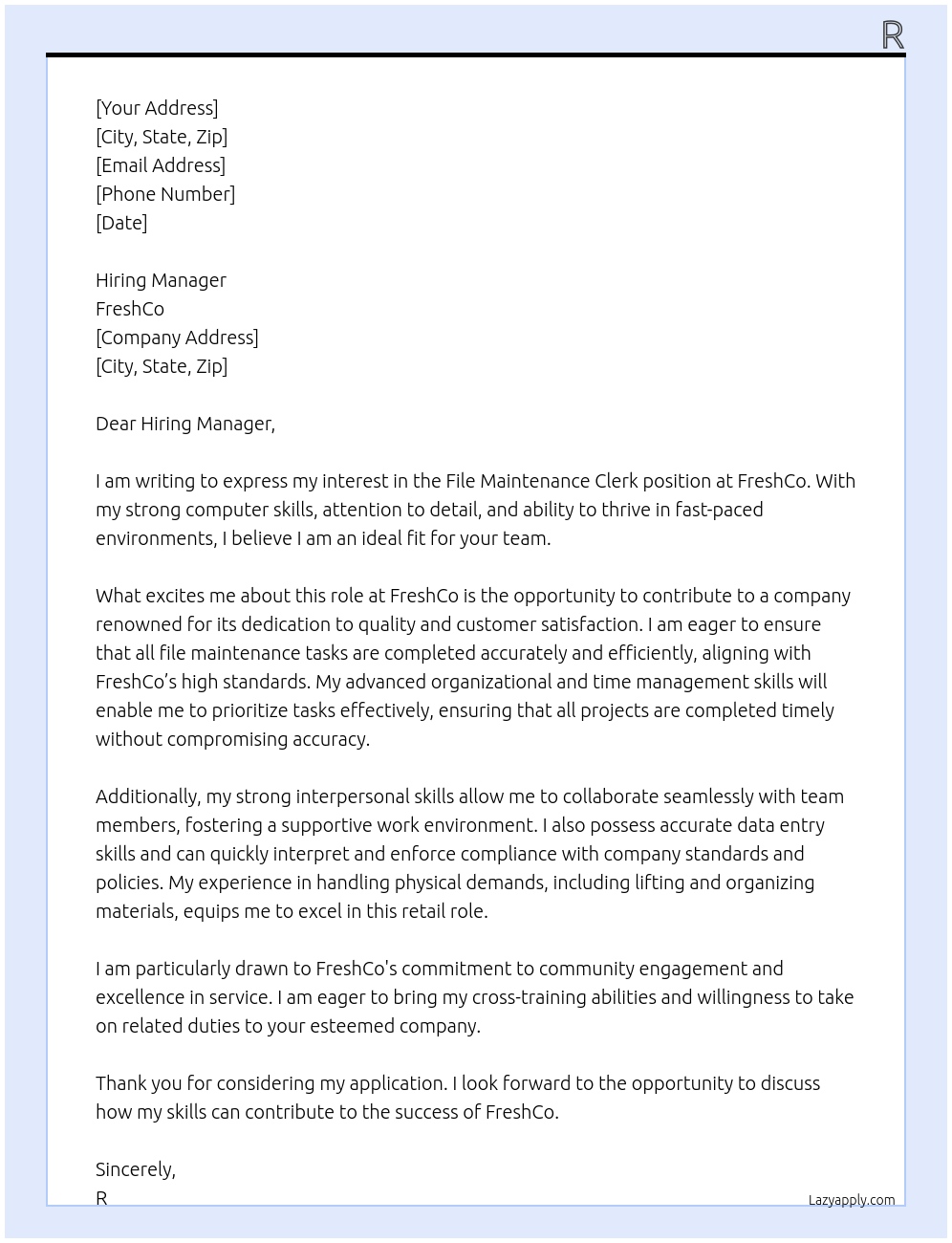 Cover letter for file maintenance clerk - LazyApply