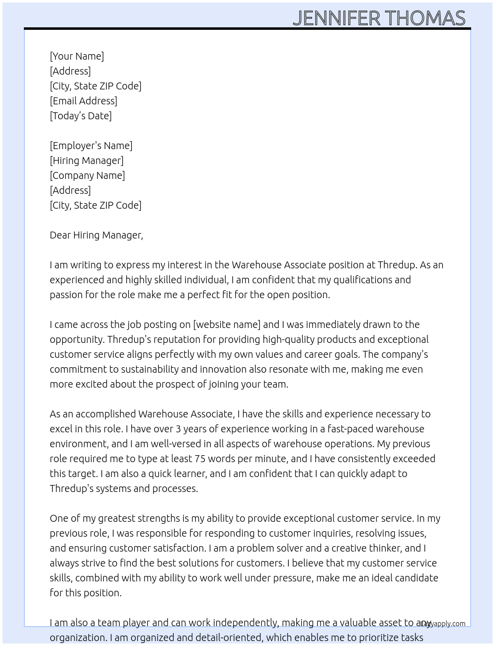 Warehouse associate  At Thredup Cover Letter