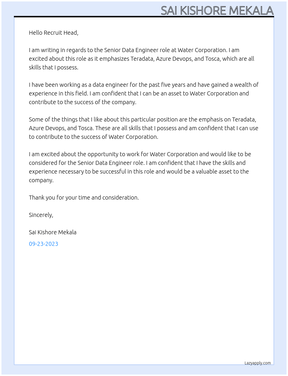 Senior Data Engineer At Water Corporation Cover Letter