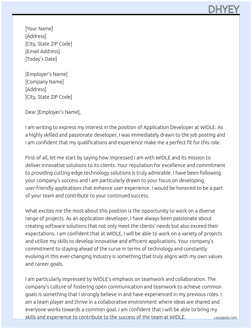 Application developer At WIDLE Cover Letter