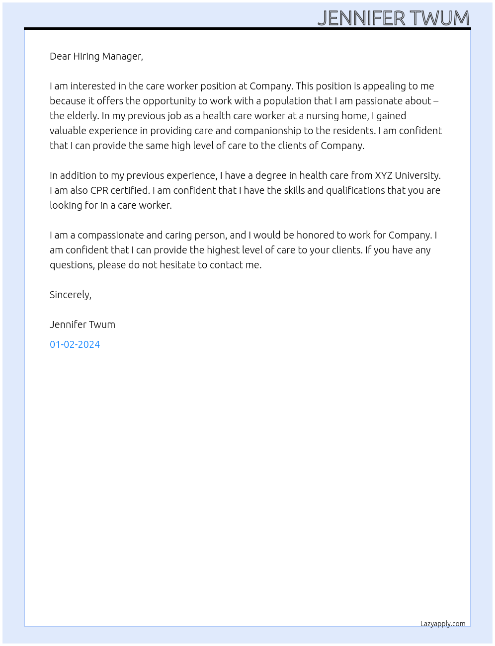 Care worker At Company Cover Letter