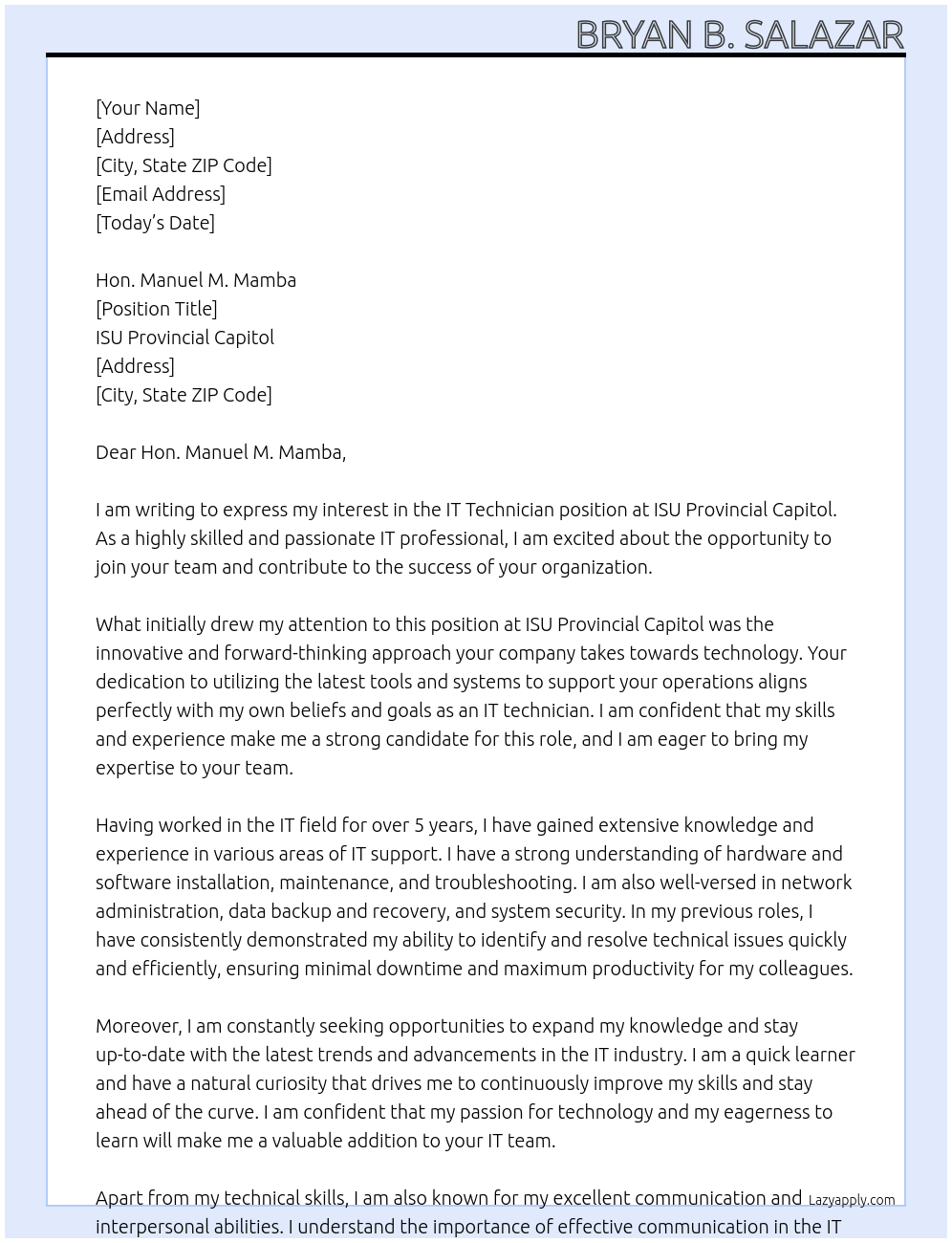 IT Technician At ISU Provincial Capitol Cover Letter