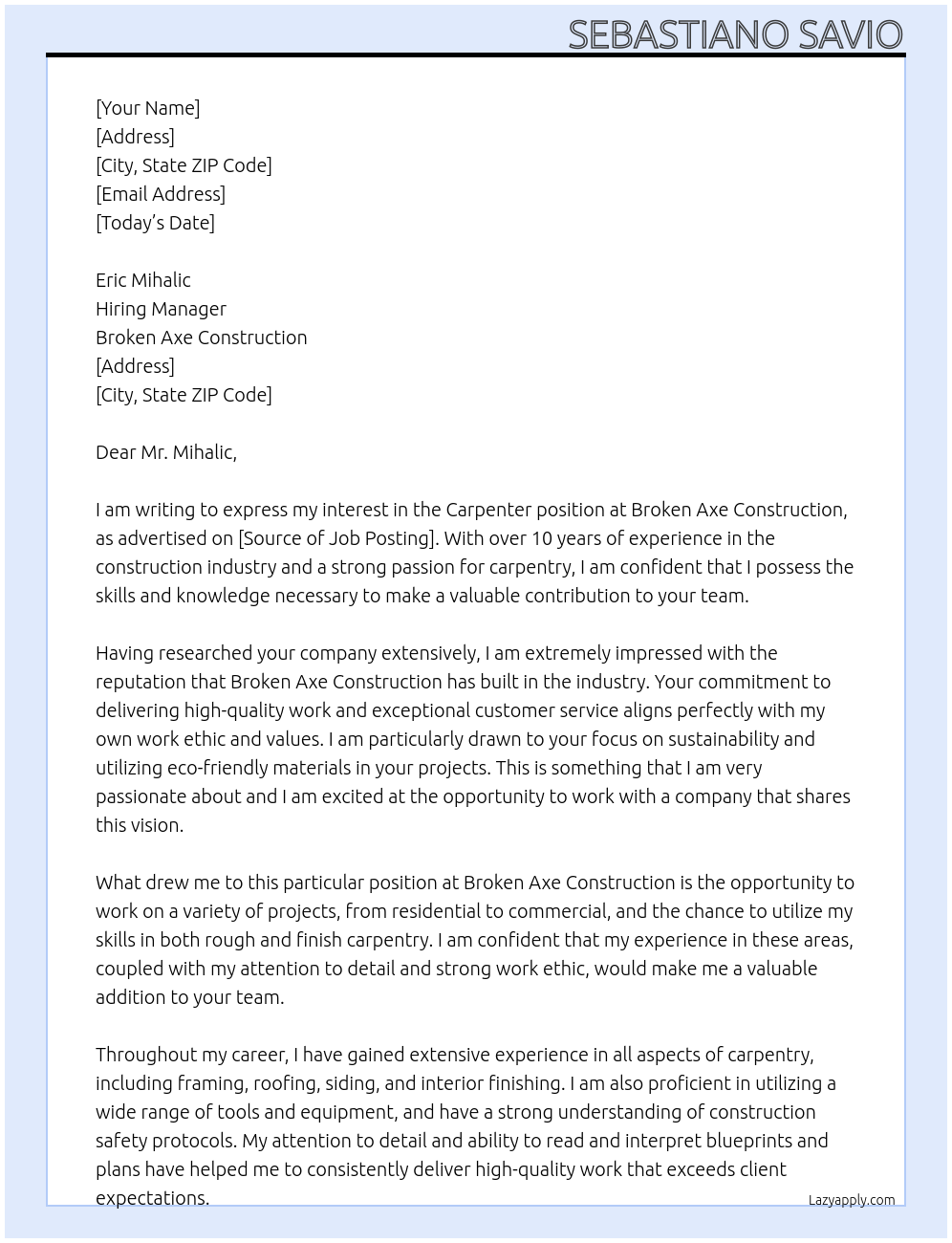 carpenter At Broken Axe Construction Cover Letter