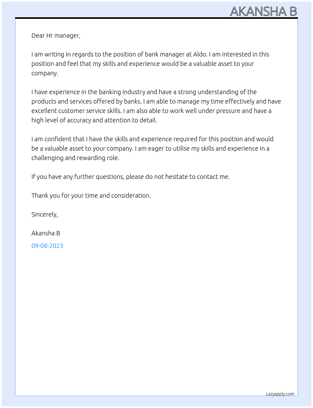 bank manager At Aldo Cover Letter