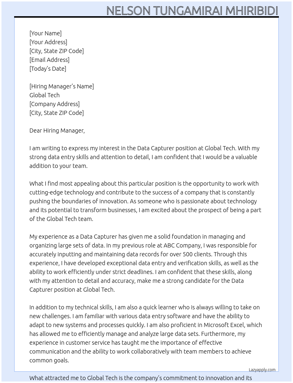 Data Capturer At Global tech Cover Letter