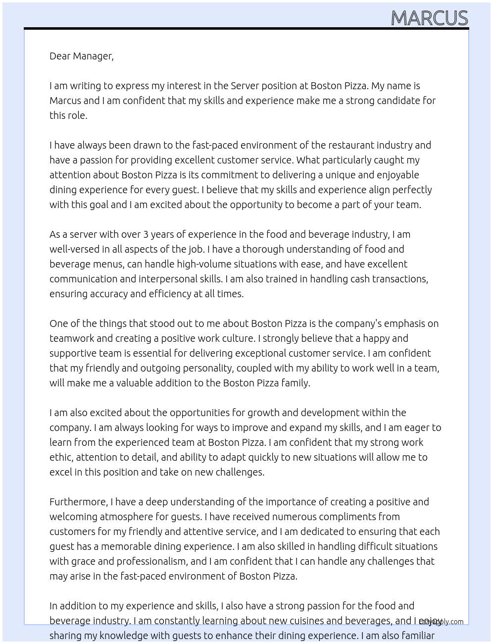 server At boston pizza Cover Letter