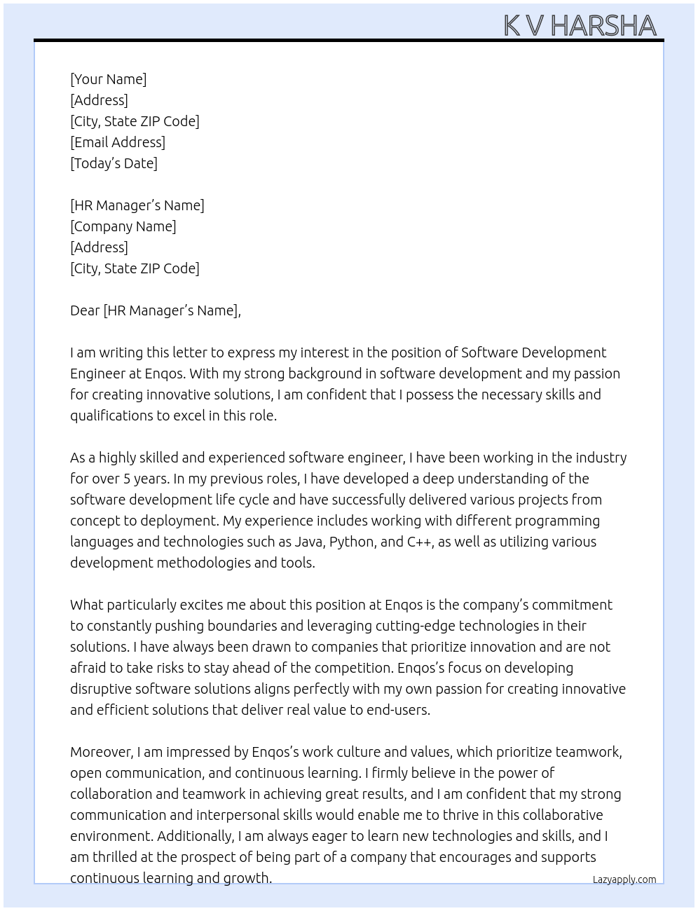 Software Development Engineer At Enqos Cover Letter