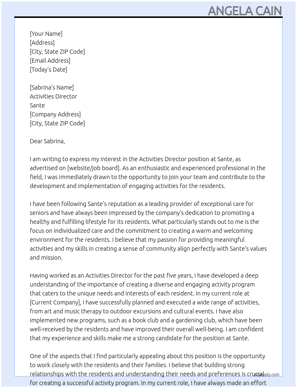 Activities director At Sante Cover Letter