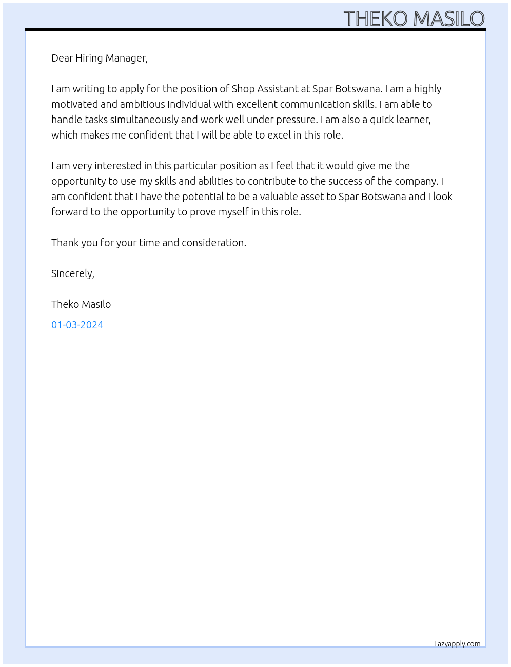 Shop Assistant At Spar Botswana Cover Letter