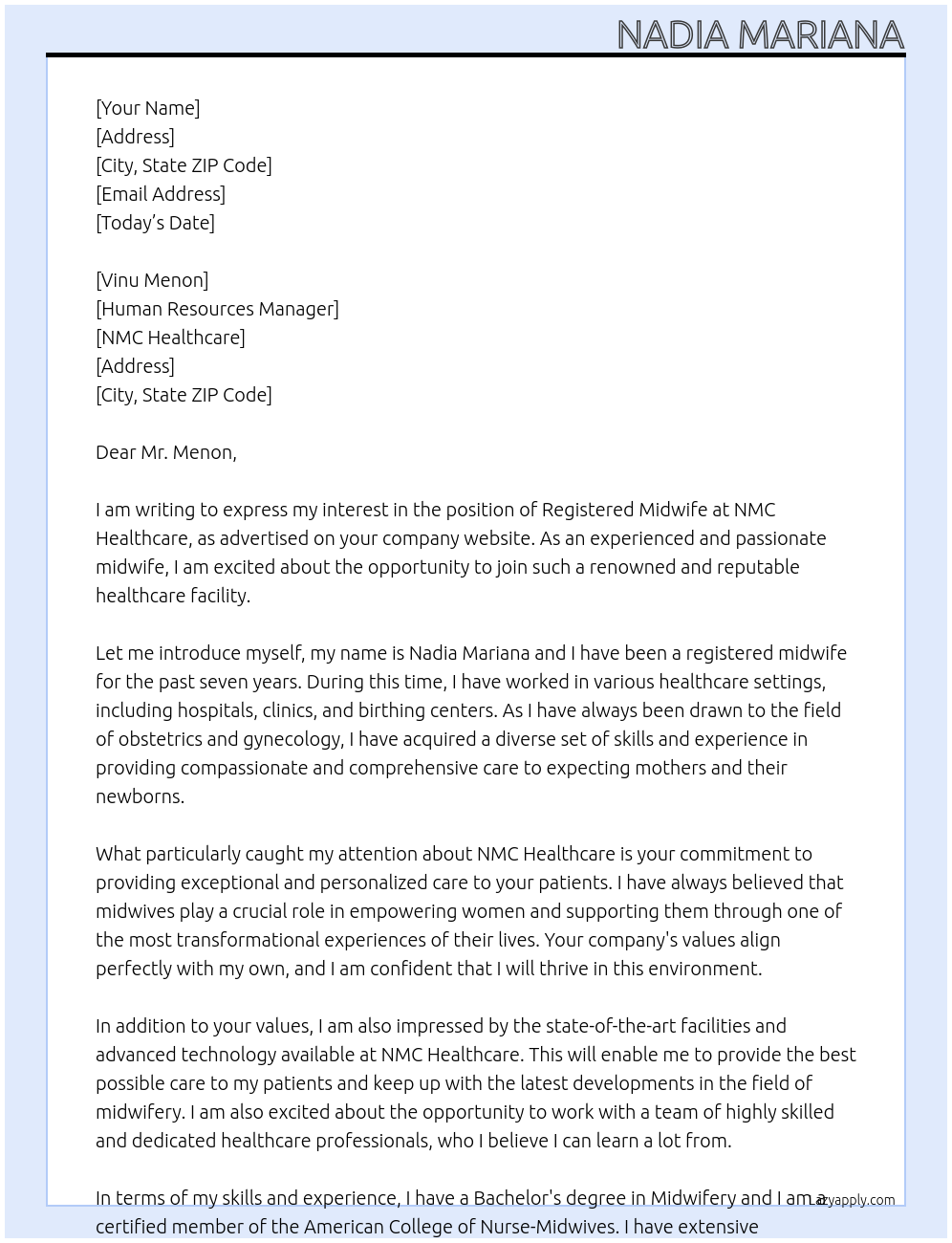 Registered Midwife At NMC Healthcare Cover Letter