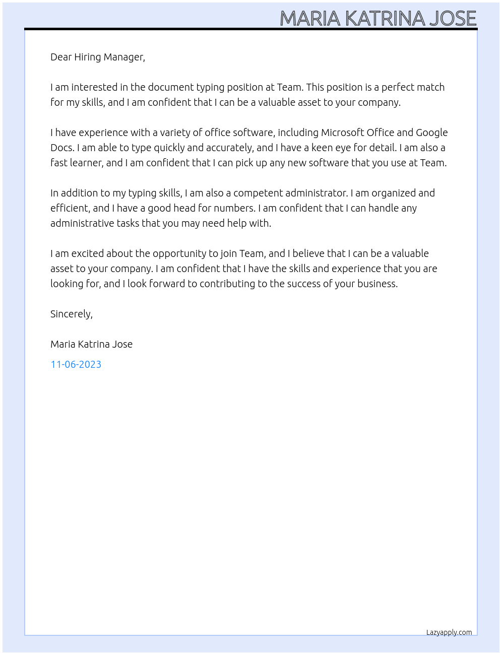 Document typing At Team Cover Letter