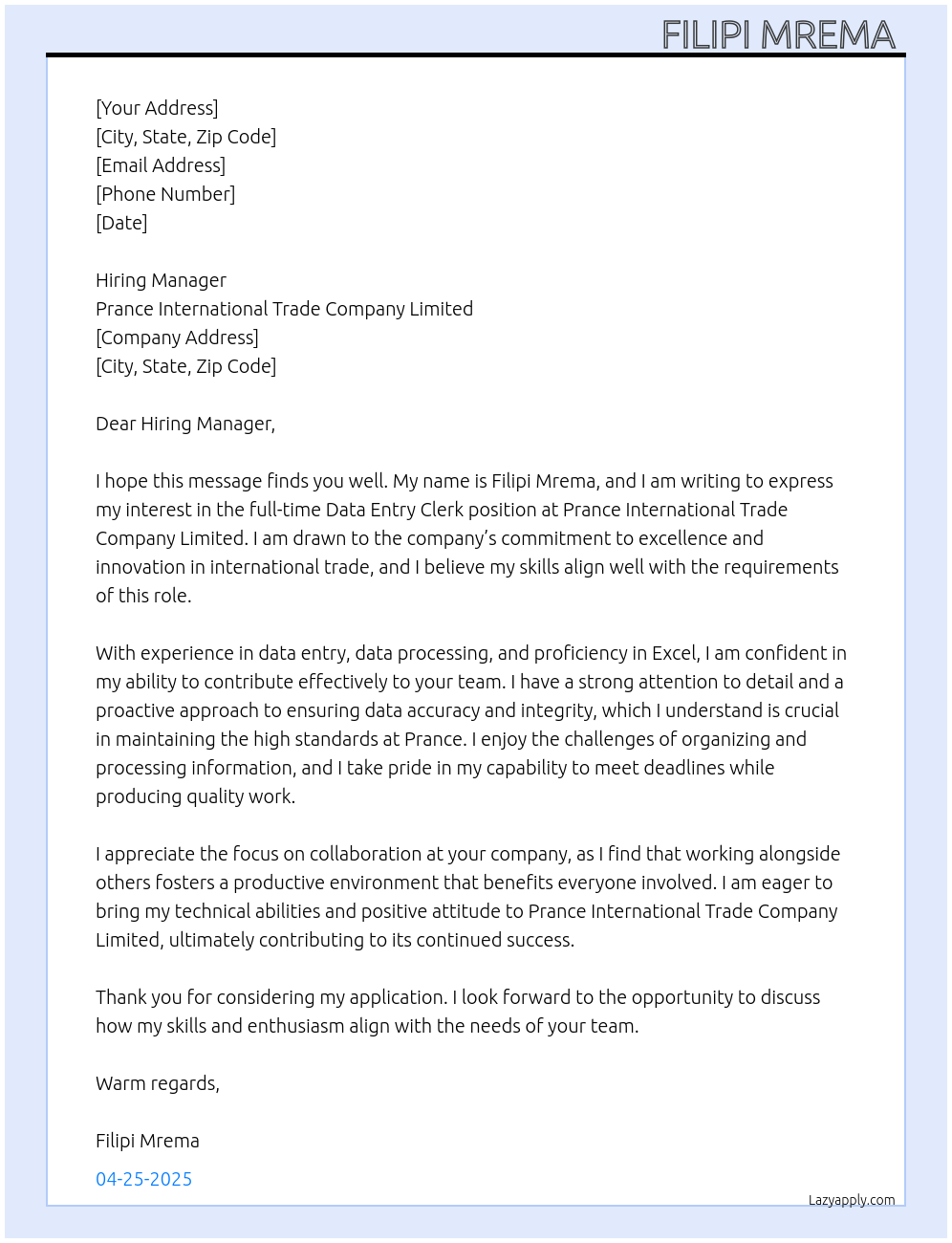 Data entry clerk At Prance international trade company limited Cover Letter