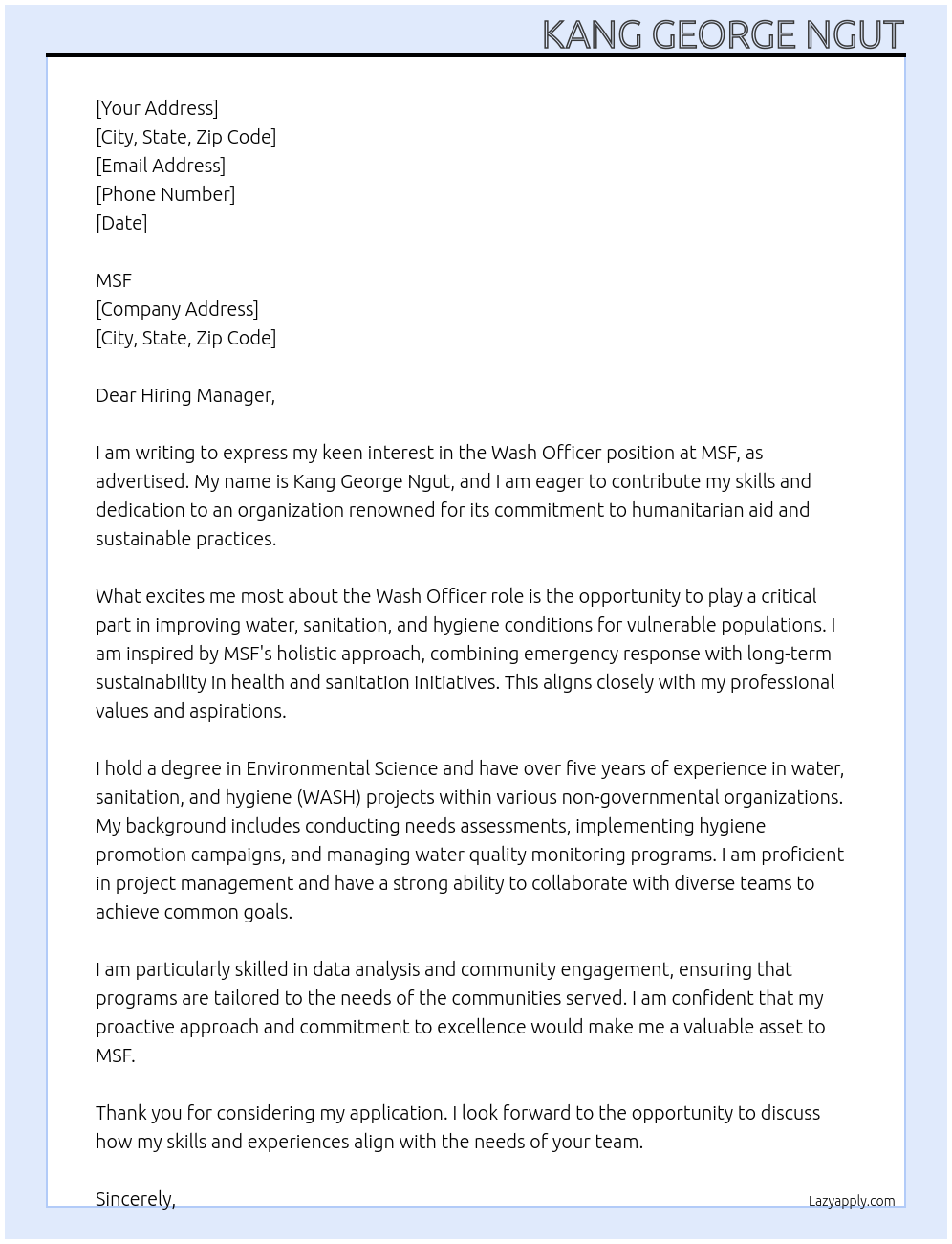 Wash officer At MSF Cover Letter