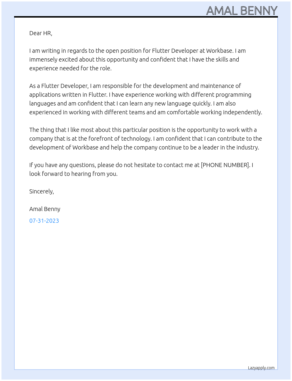 flutter developer At Workbase Cover Letter