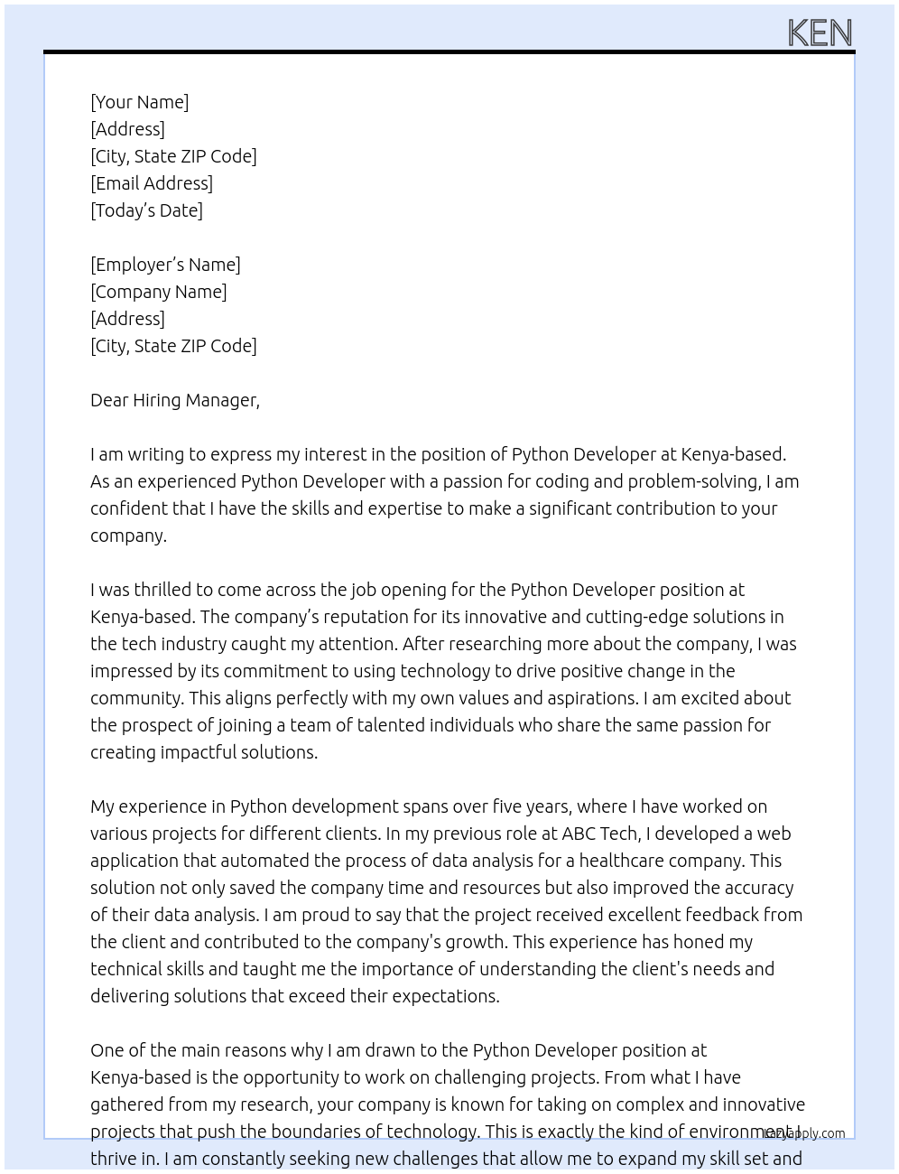 python developer At kenya-based Cover Letter