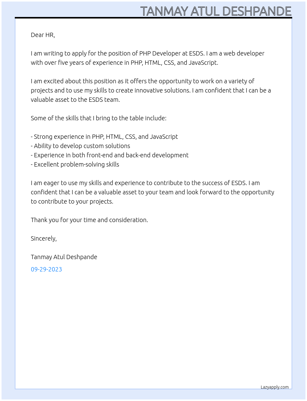 PHP Developer At ESDS Cover Letter