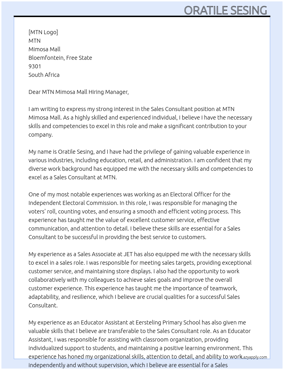 SALES CONSULTANT At MTN Cover Letter