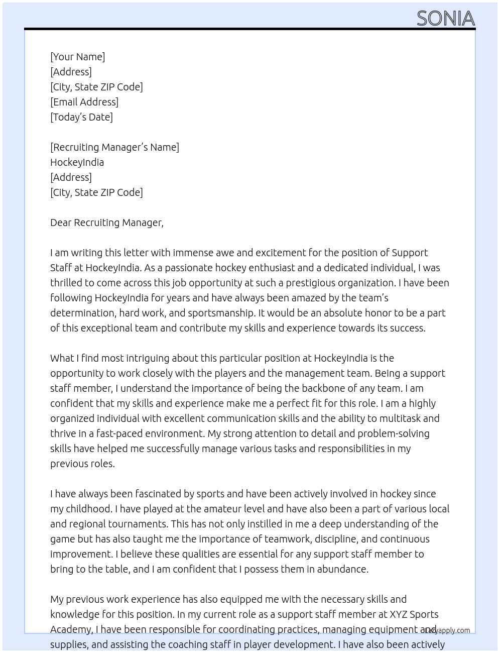 Support Staff At HockeyIndia Cover Letter