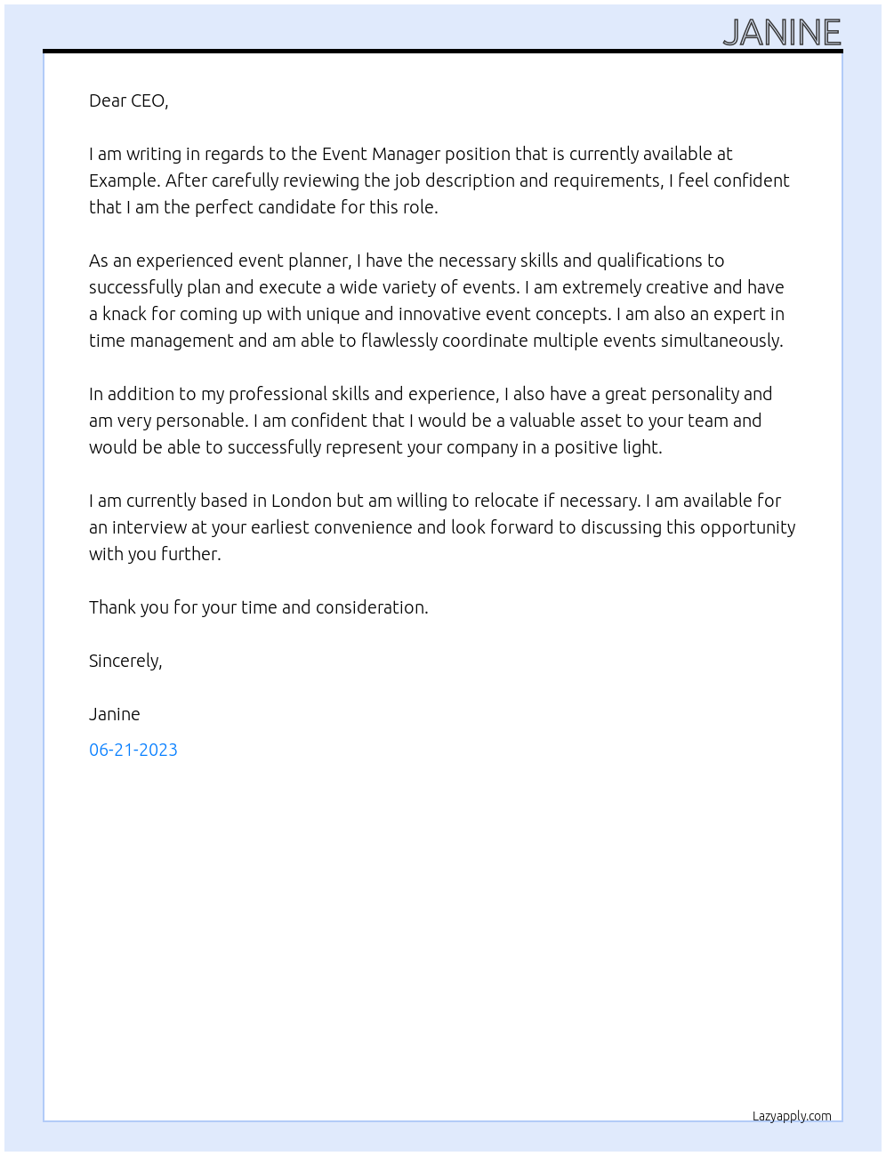 Event Manager At Example Cover Letter