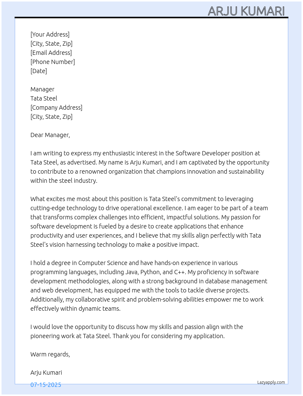 Software developer At Tata steel Cover Letter
