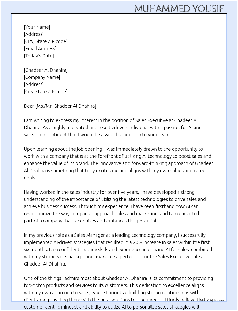 Sale executive At Ghadeer Al Dhahira Cover Letter