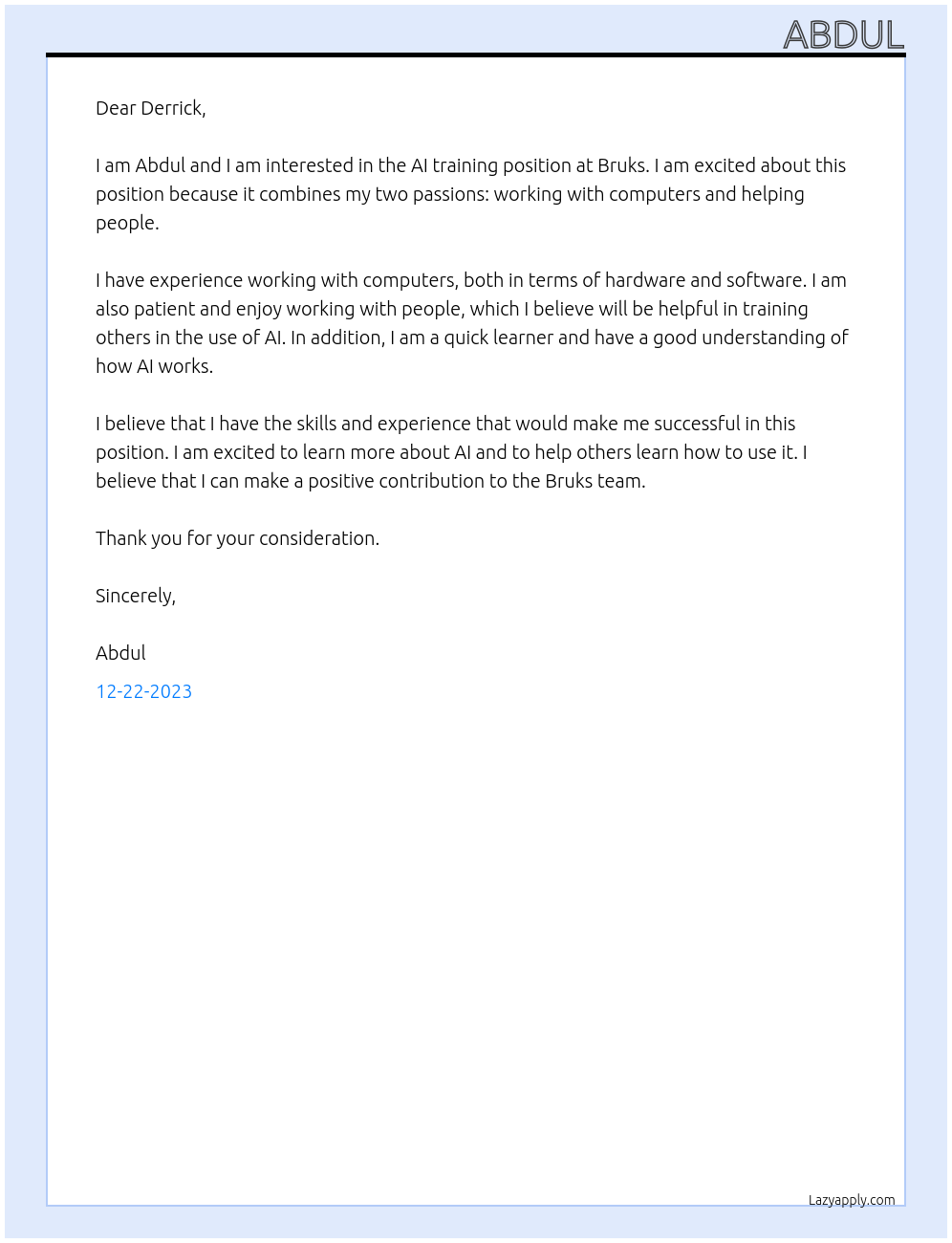 Ai training At bruks Cover Letter