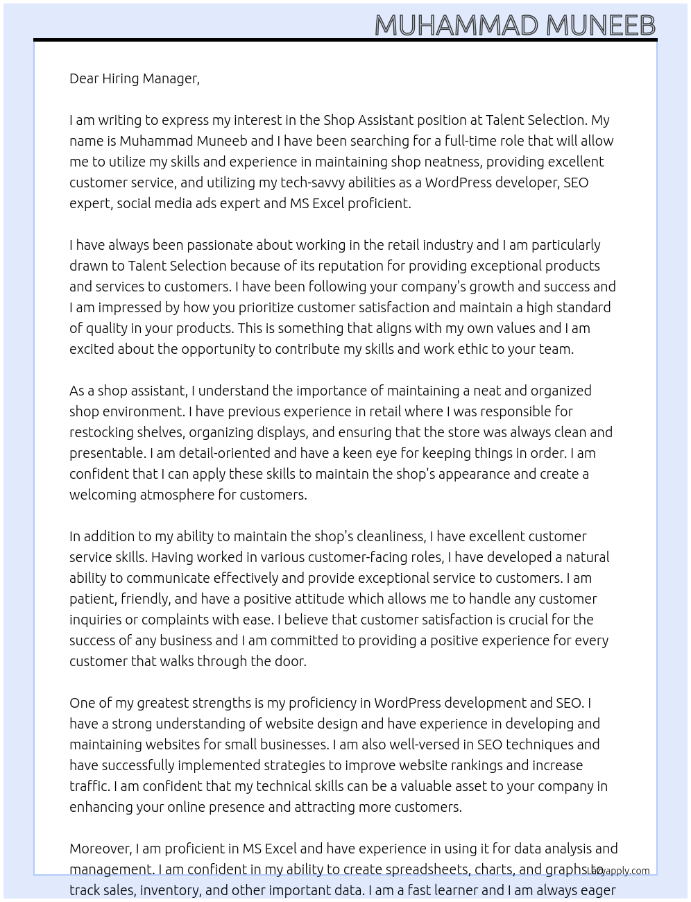 Shop assistant At Talent selection Cover Letter